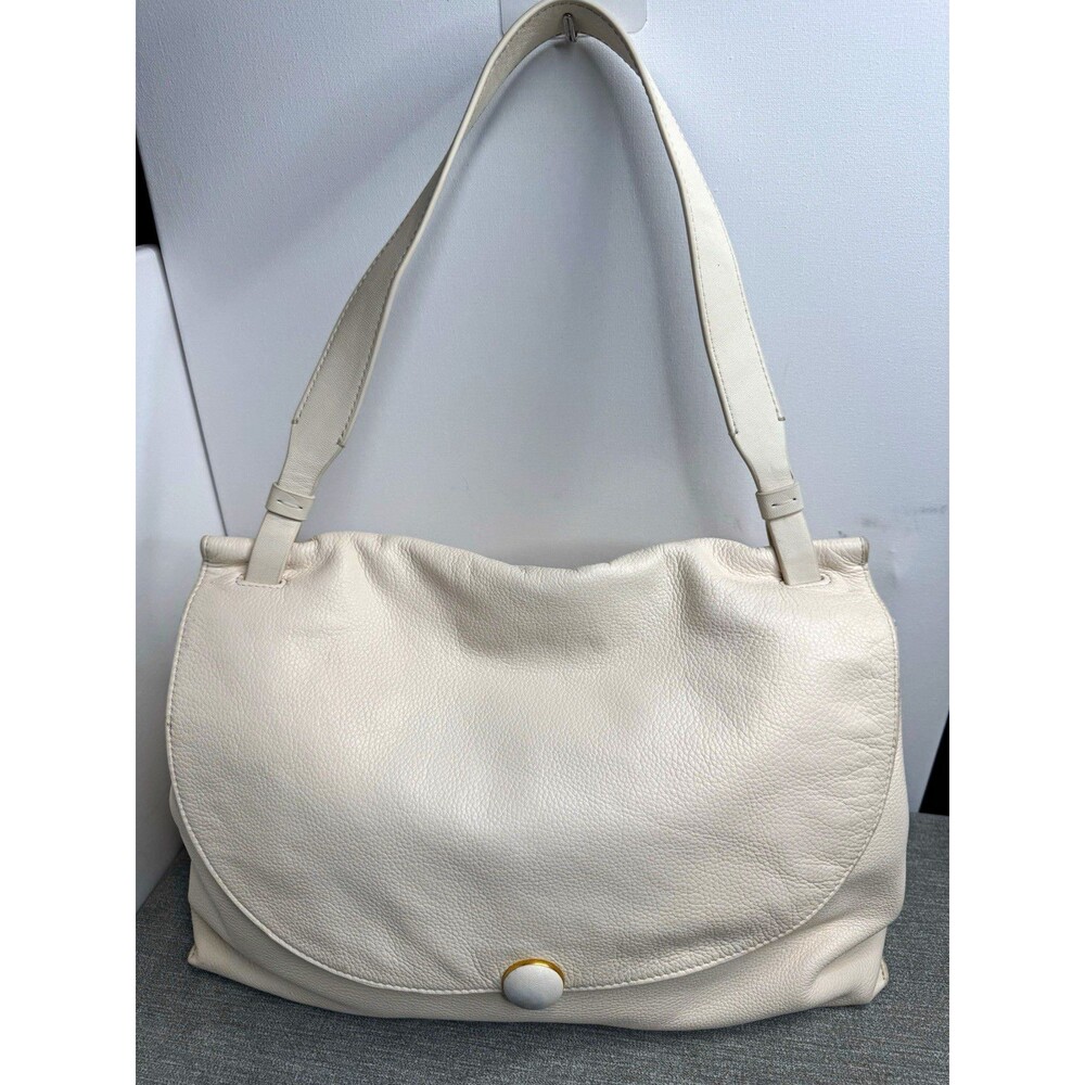 Vince Smyrna Milk Cream Pebbled Leather Flap Shoulder Bag Gold Hardware